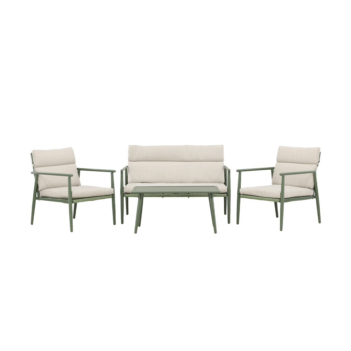 Nest outdoor Margret tuin loungeset groen - tweezits bank, twee fauteuils en een salon tafel - met beige zitkussens