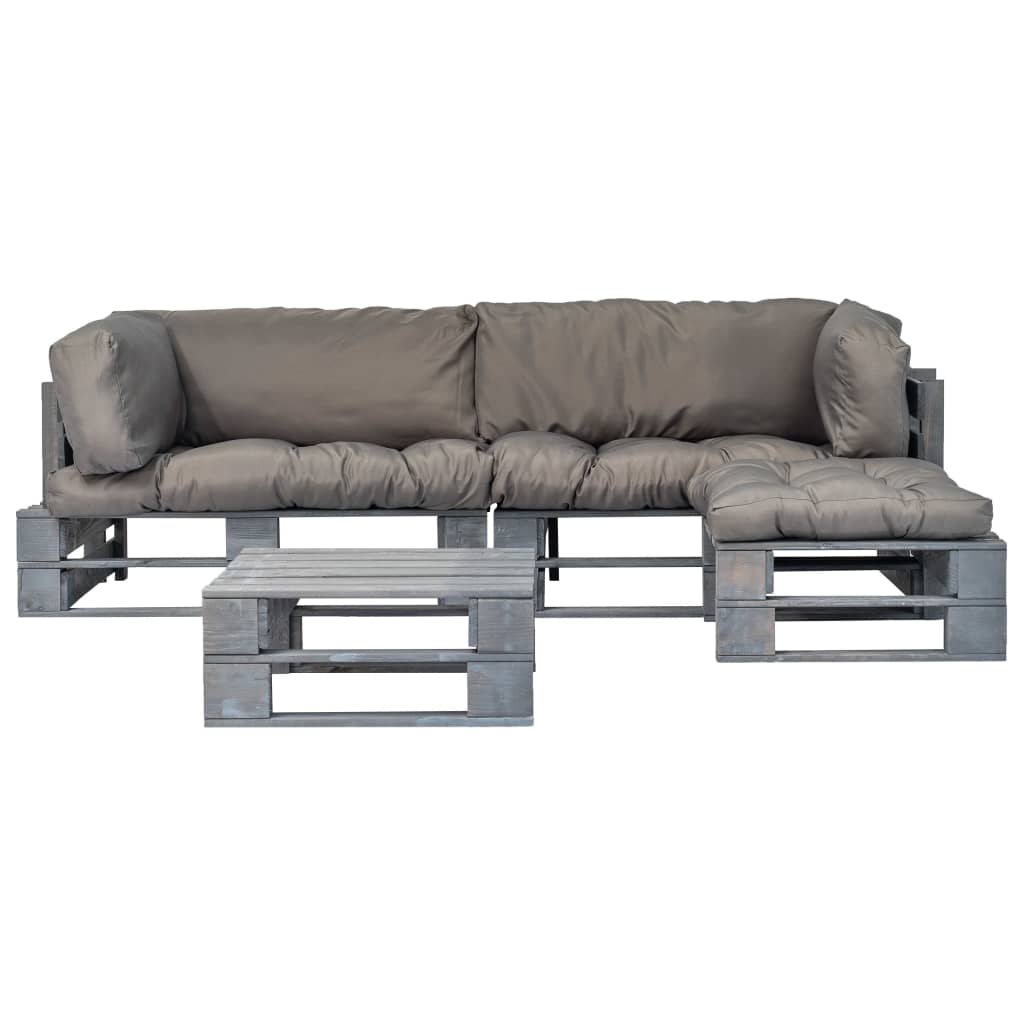 vidaXL 4-delige Loungeset pallet met grijze kussens hout