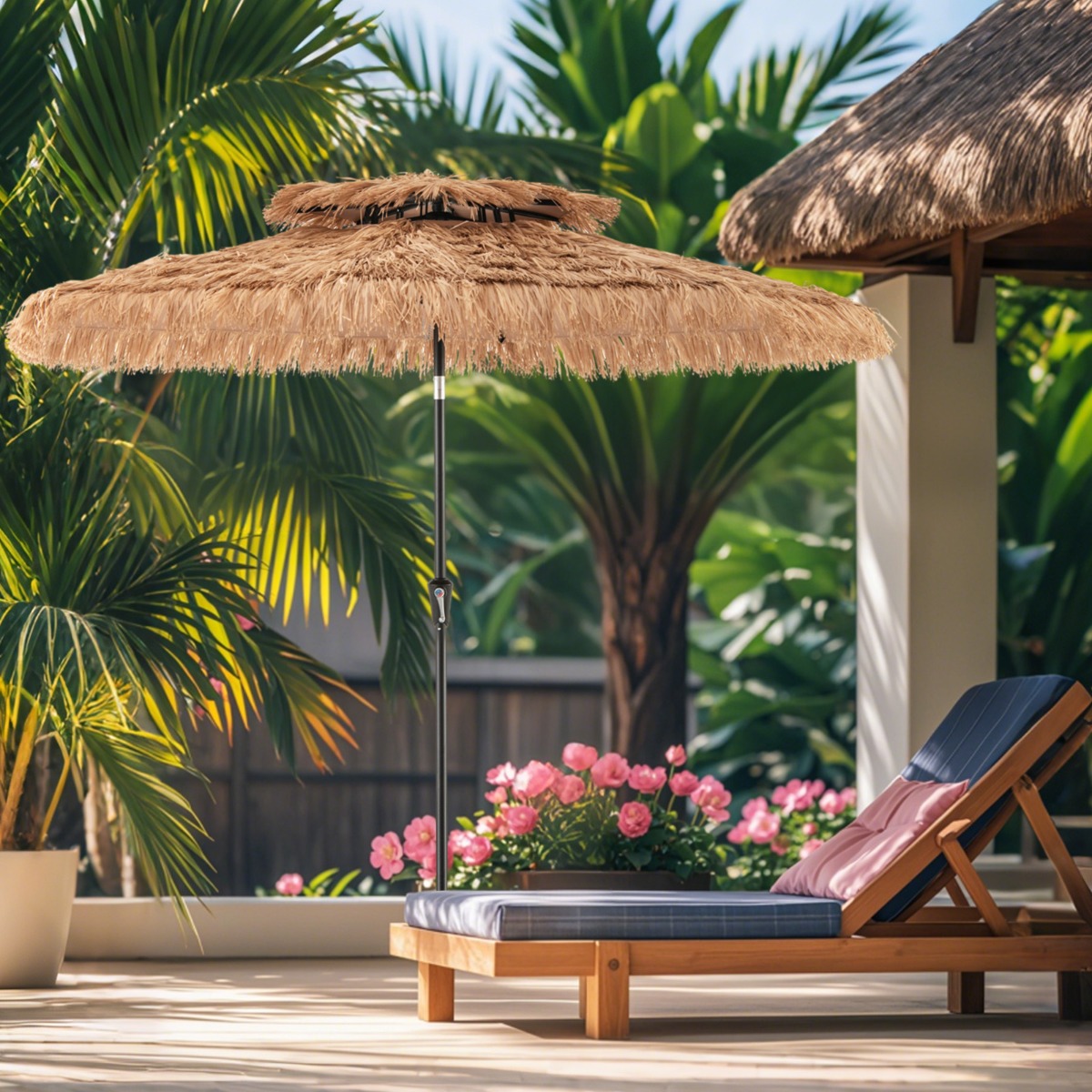 Costway 247 cm Hoge Parasol in Hawaïaanse Stijl Rieten Tiki Terrasparasol met 8 Stokjes Zwengel & 35° Kanteling Palapa Parasol voor Strand