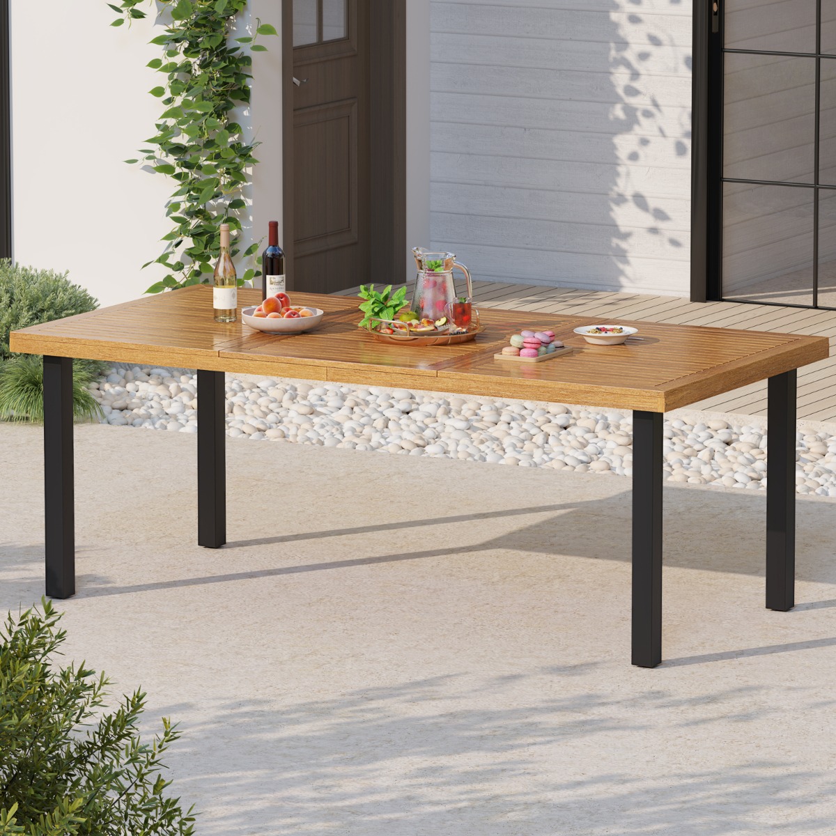 Costway Tuintafel met Parasolgat 200 x 100 cm Grote Terrastafel voor 8 Personen Rechthoekige Balkontafel van Acaciahout Buiten Eettafel