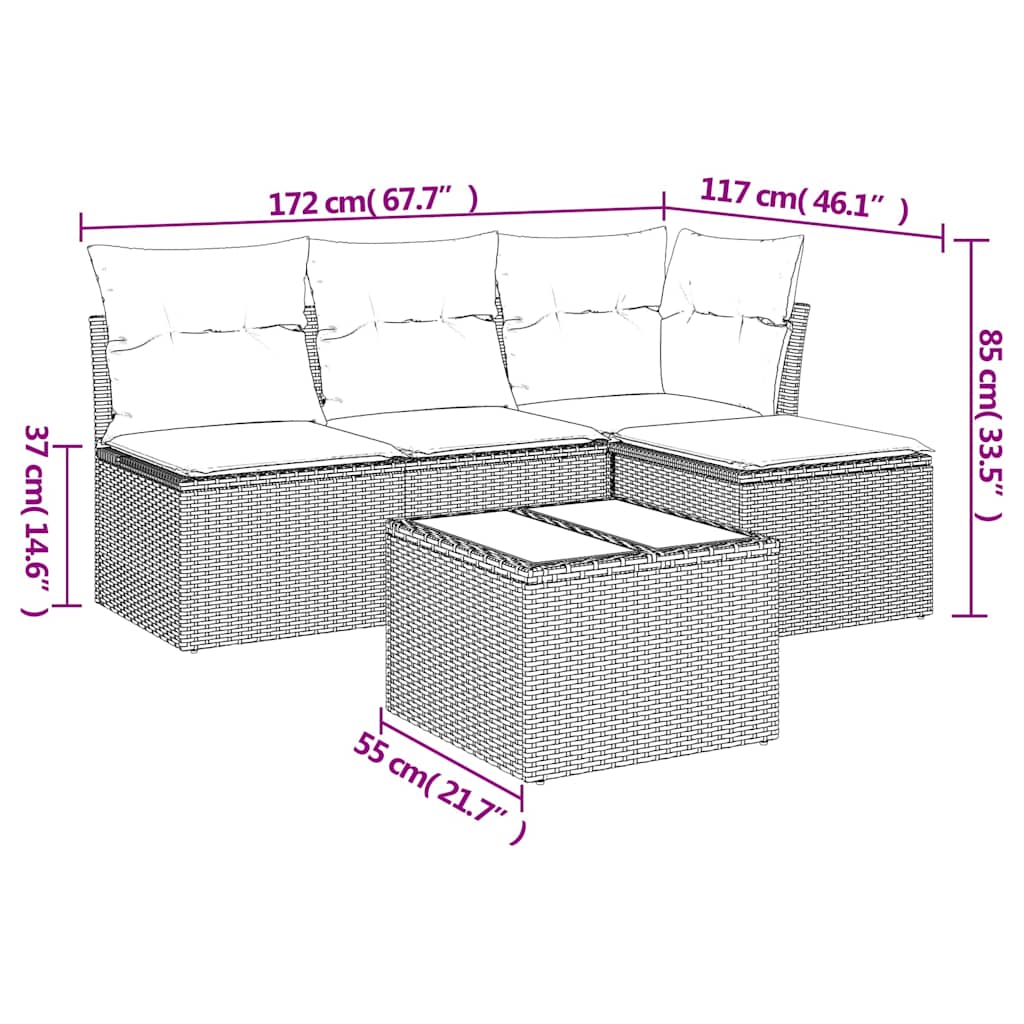 vidaXL 5-delige Loungeset met kussens poly rattan bruin
