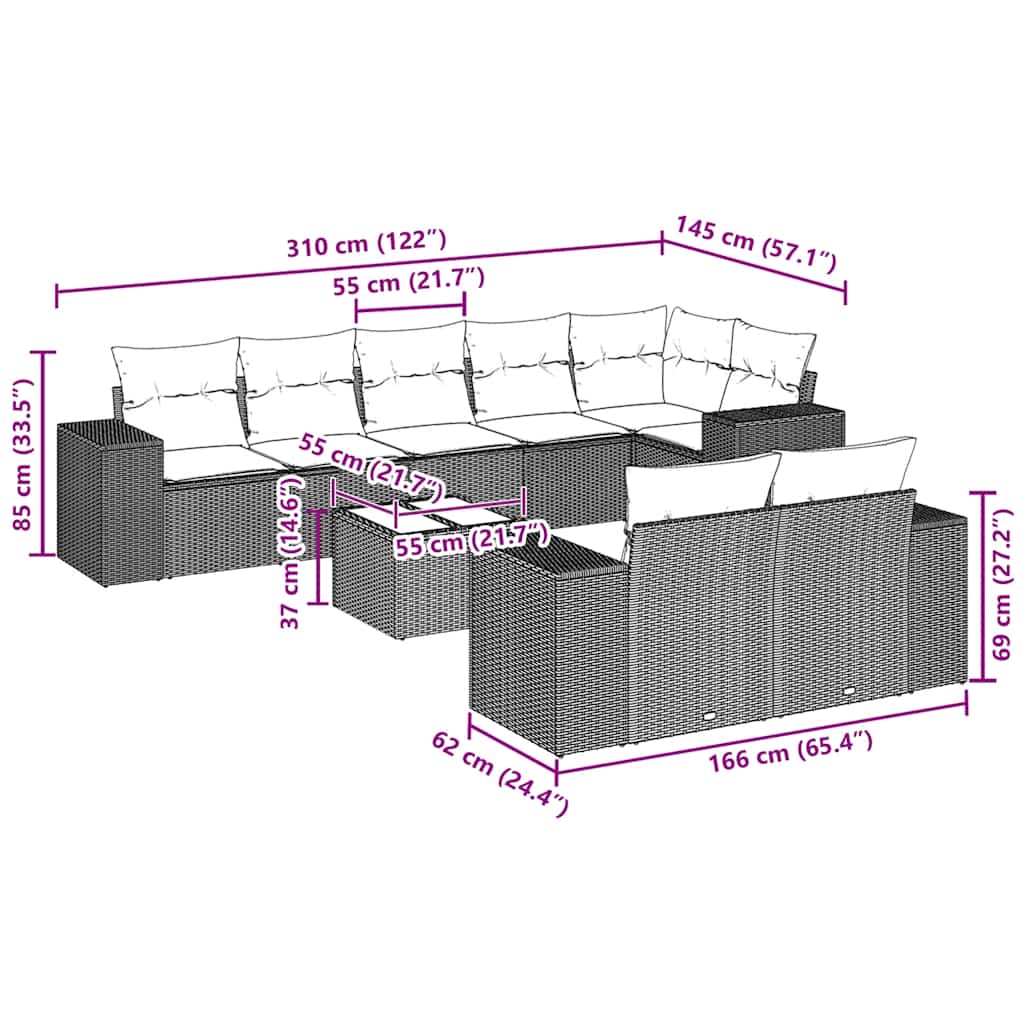 vidaXL 9-delige Loungeset met kussens poly rattan zwart