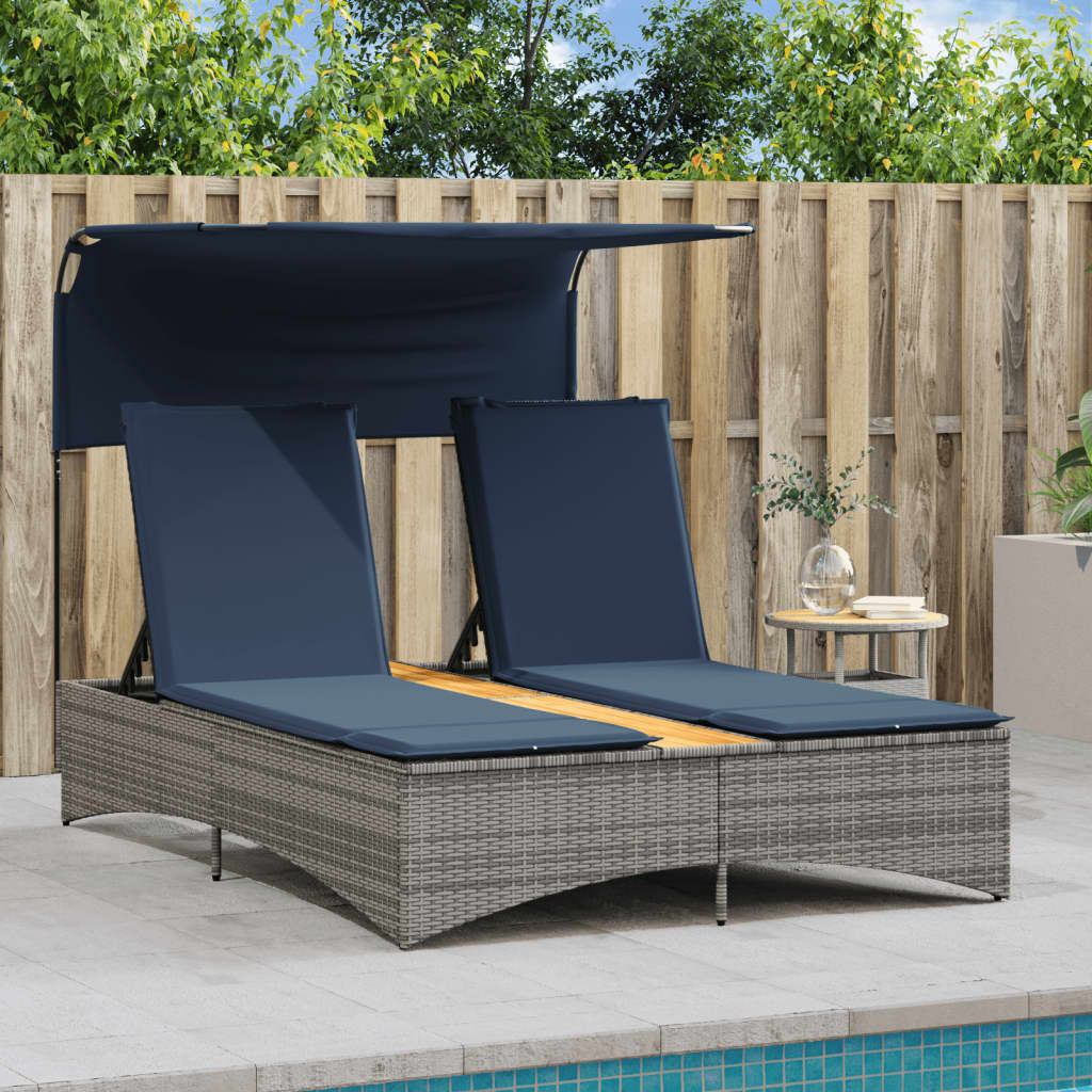 vidaXL Ligbed 2-persoons met luifel en kussens poly rattan grijs
