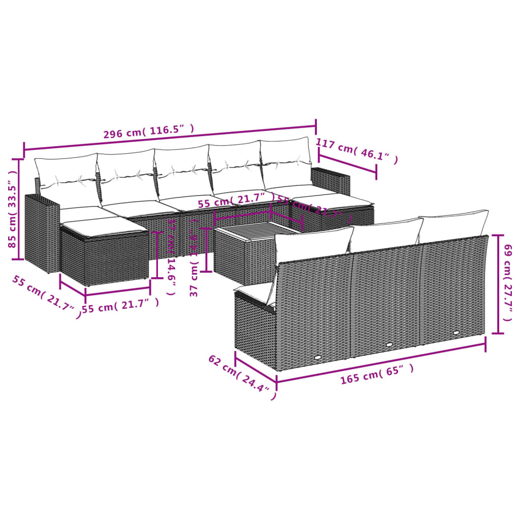 vidaXL 11-delige Tuinset met kussens poly rattan beige