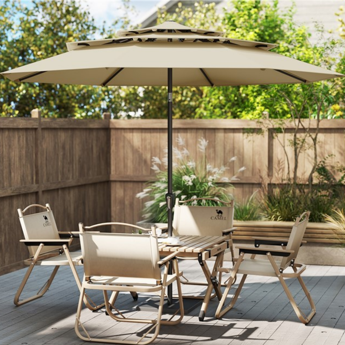 Costway 300 CM Terrasparasol met Geventileerd 3-Niveau Dak Grote Buitenparasol met Drukknop Kantelen Slinger 8 Stijve Baleinen voor Tuin Strand