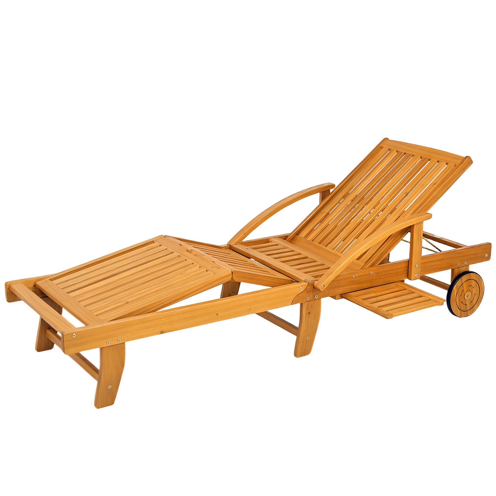 Outsunny Opvouwbare Houten Zonneligstoel met Zijtafel, Wielen, 4 Standen Verstelbare Rugleuning Teak