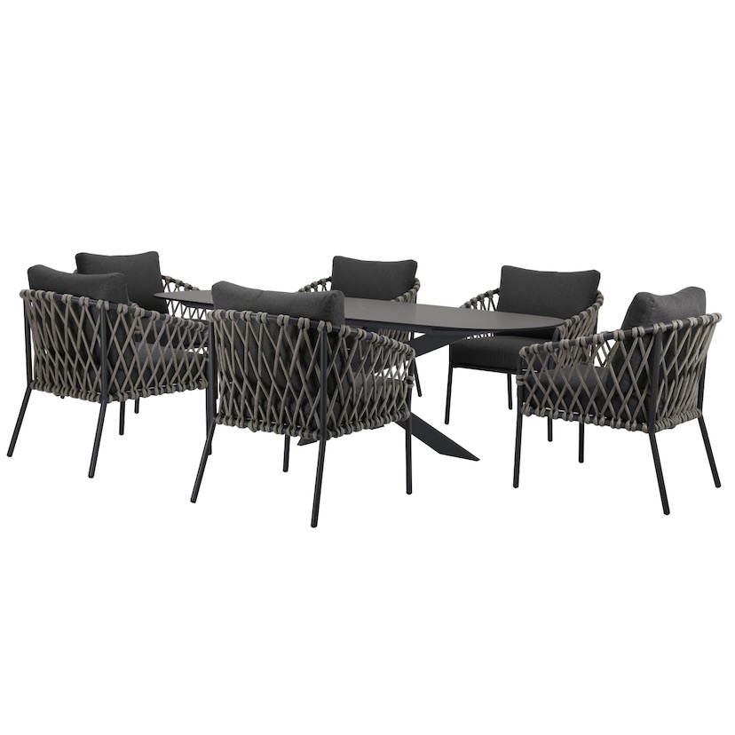 AVH-Collectie Amalfi San Francisco low dining tuinset 7 delig 240x100xH76 cm keramiek rope