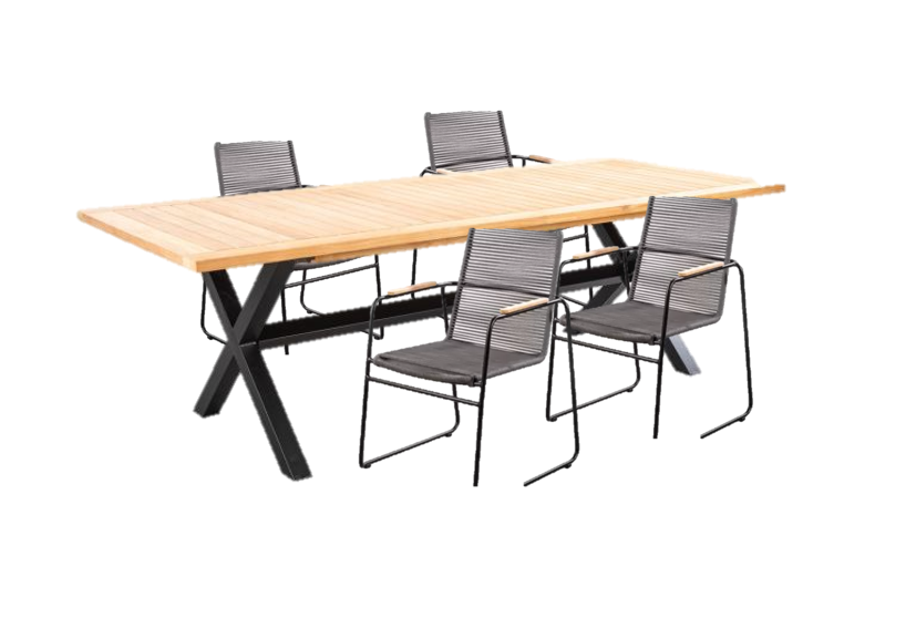 Yoi Tuinset Wakai tafel dark grey, teak 236x100 cm met 4 stoelen Wasabi stoel kussen black, rope dark grey - 
