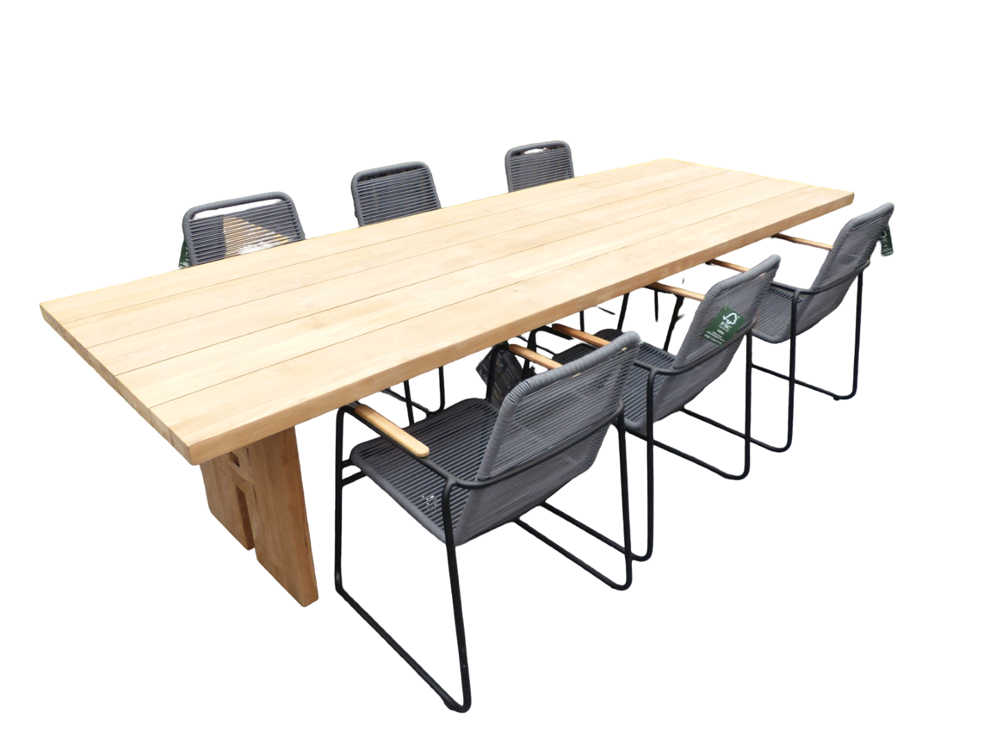 Yoi Set van Zen tafel 300x100x75 cm teak en 6 Wasabi stoelen grijs incl. kussen - 