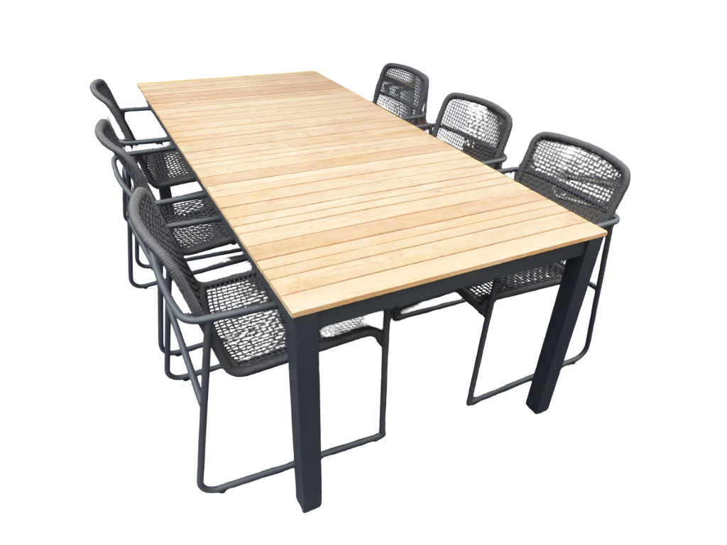 Yoi Set van Arashi tafel 220x100x76 cm grijs/teak en 6 Mira stoelen lava - 