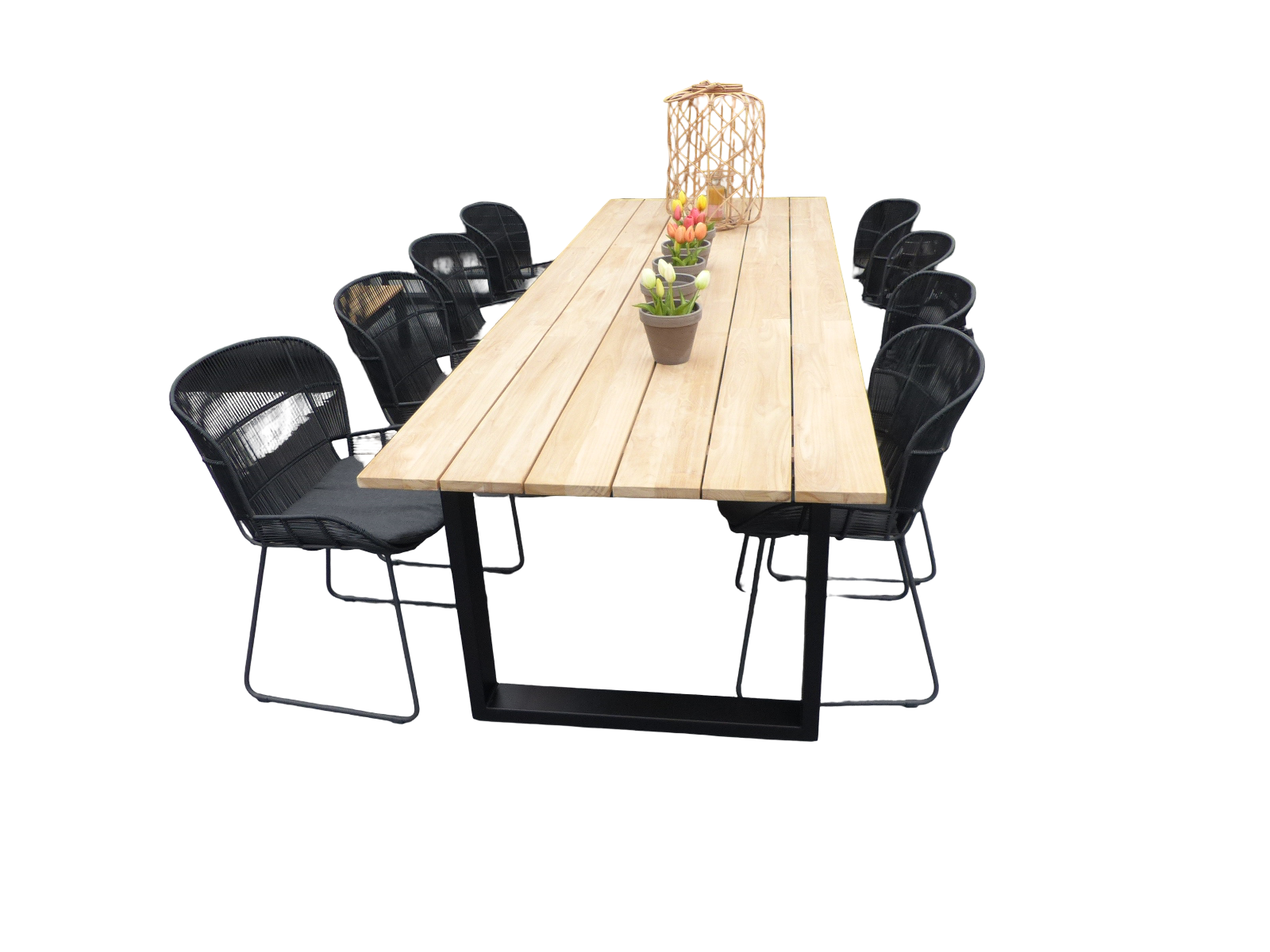 Yoi Set van Kaihou tafel 300x100x76 cm zwart/teak en 8 Faye stoelen lava incl. kussen - 