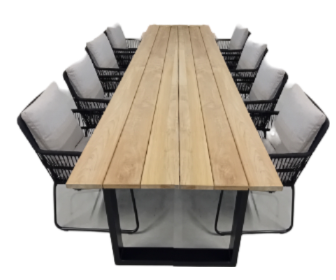 Yoi Tuinset Kaihou tafel black, teak 350x100 cm met 4 stoelen Ran stoel kussen black, flax beige - 