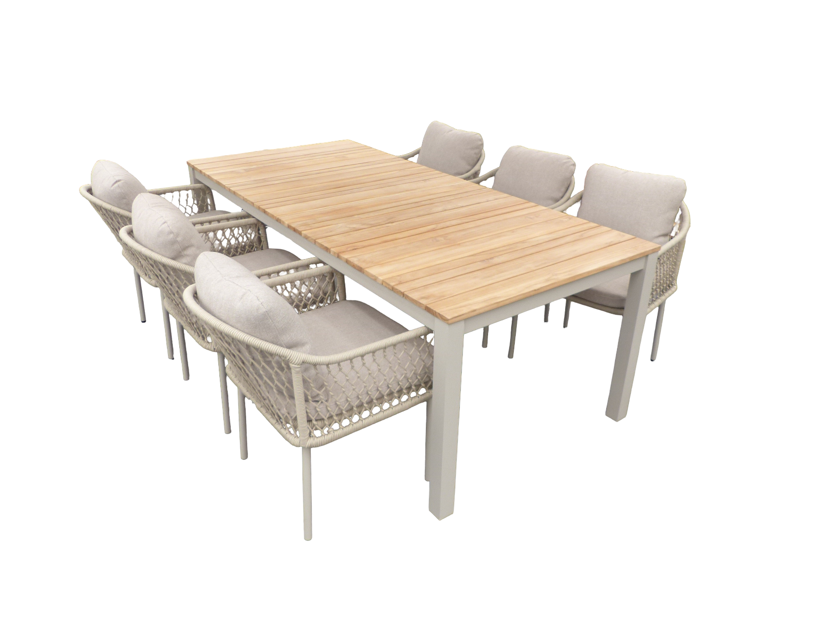 Yoi Set van Arashi tafel 220x100x76 cm salix/teak en 6 Rocha stoelen salix/flax beige - 