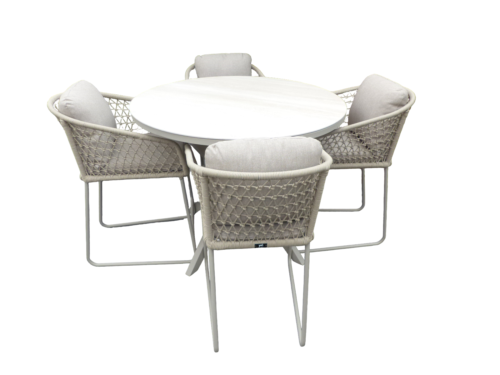 Yoi Set van Calma high dining tafel dia. 120 cm alu salix/travertin en 4 Bara high dining chairs alu salix/rope salix/flax beige AW incl. kussens - 
