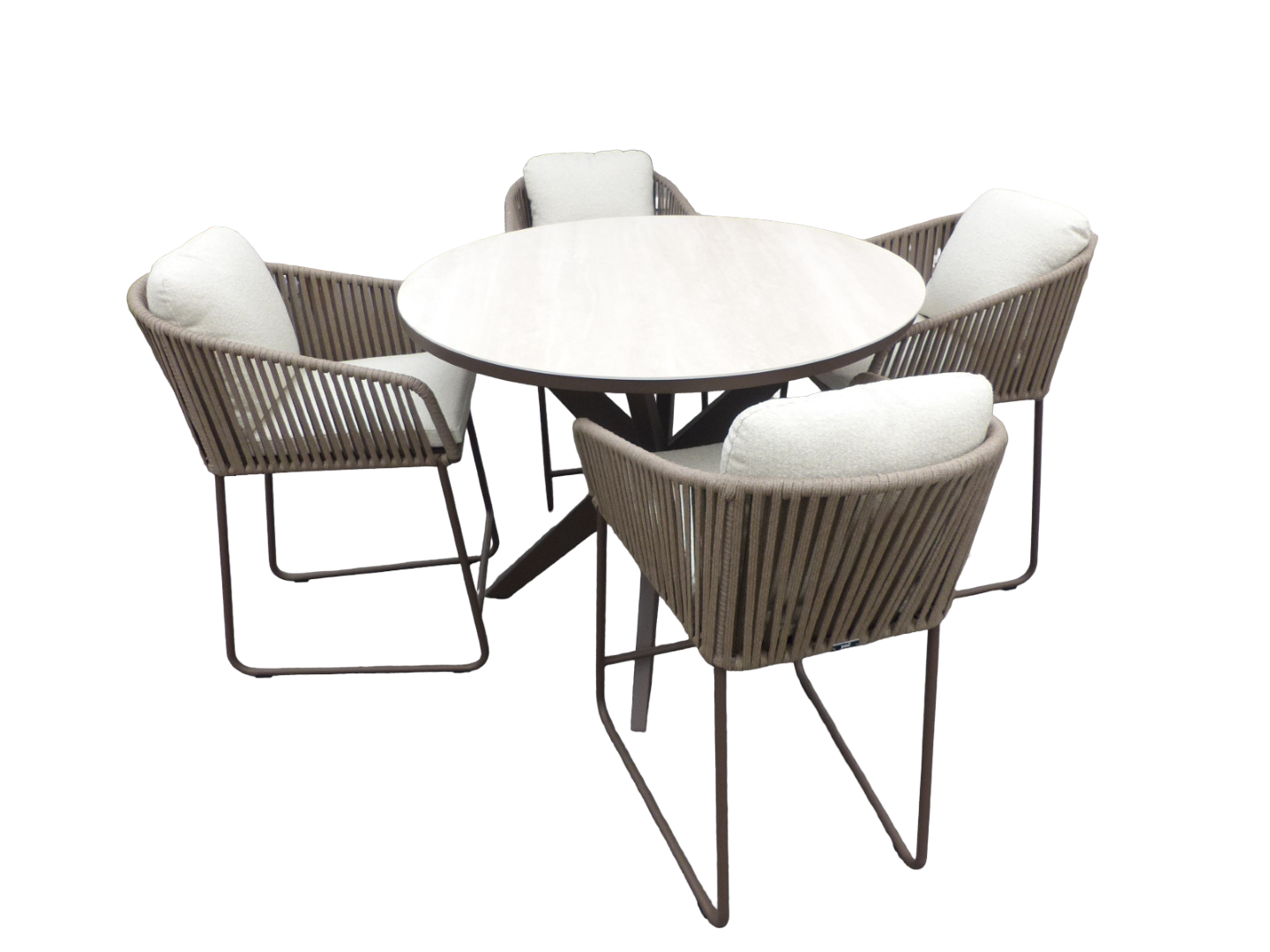 Yoi Set van Calma high dining tafel dia. 120 cm alu bronze/travertin en 4 Calera high dining chairs alu bronze/white - 