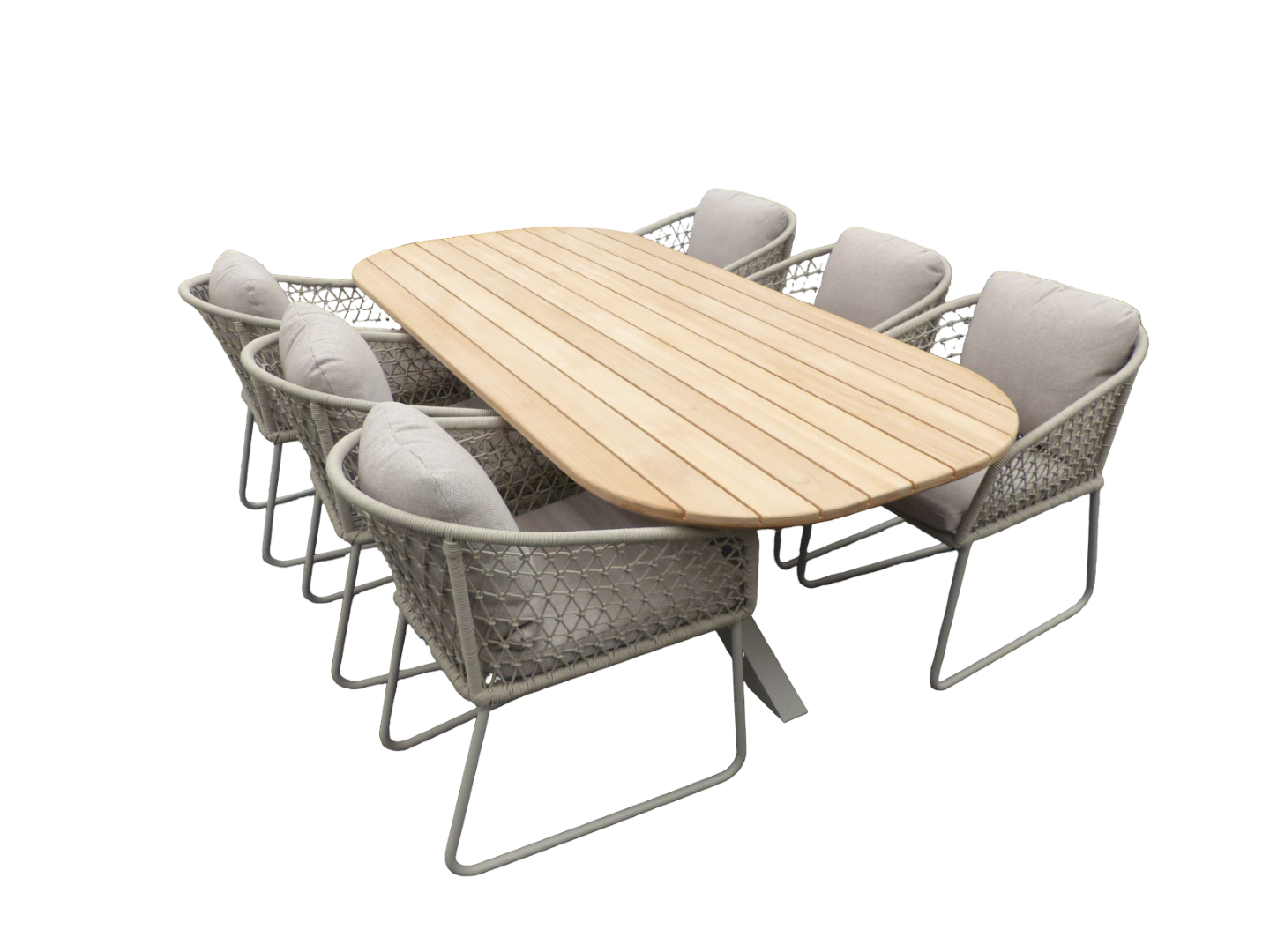 Yoi Set Noas dining tafel 220x100x76 cm oval alu salix/teak en 6 Bara dining chairs alu salix/rope salix/flax beige AW - 
