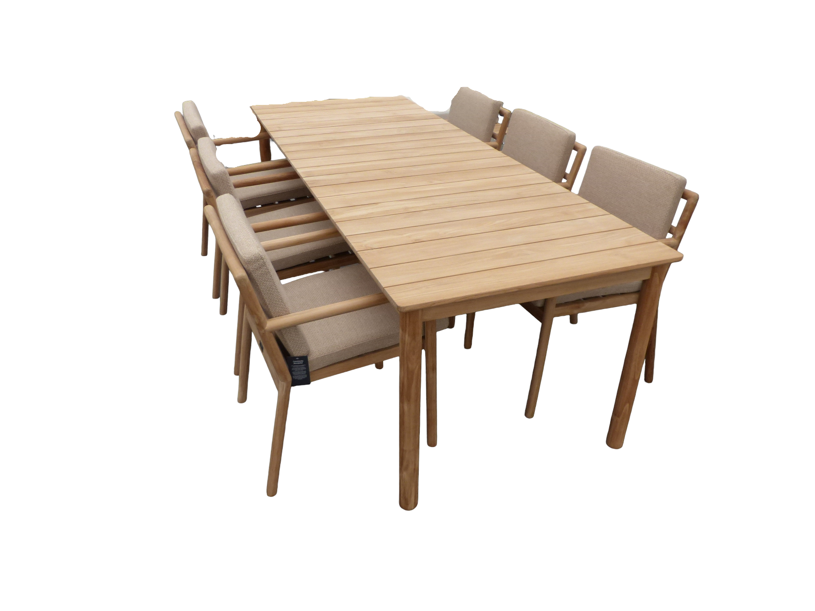 Yoi Set van Mare dining table 236x90x76 cm teak en 6 Mare dining chairs teak/multi natural AW incl. zit- en rugkussens - 