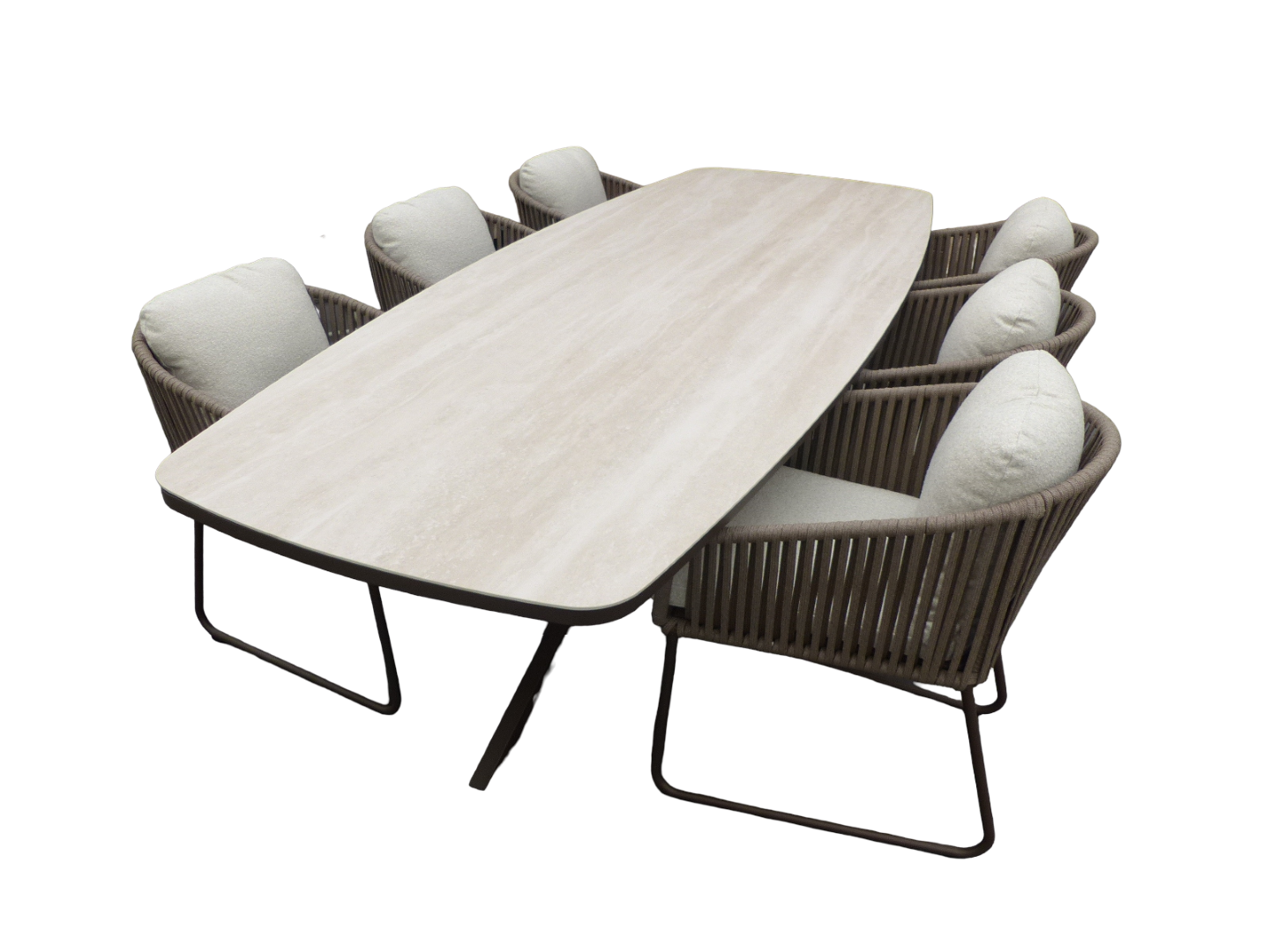 Yoi Set van Calma dining table 270x110x75 cm oval alu bronze/travertin en 6 Calera dining chairs alu bronze/belt toffee/wool white AW - 