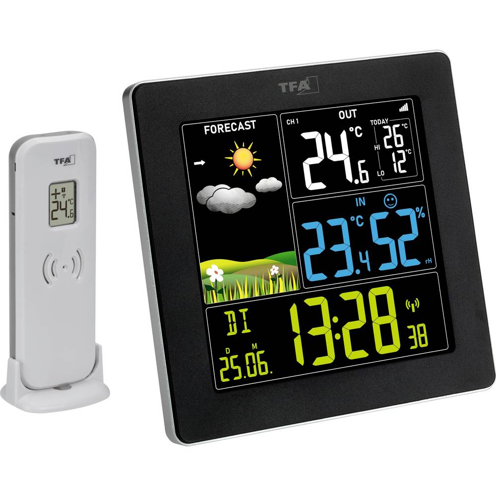 TFA Dostmann Funk-Wetterstation mit Farbdisplay SUN 2 35.1174.01 Draadloos weerstation Verwachting voor 12 tot 24 uur Aantal sensoren max.: 3 stuk(s)