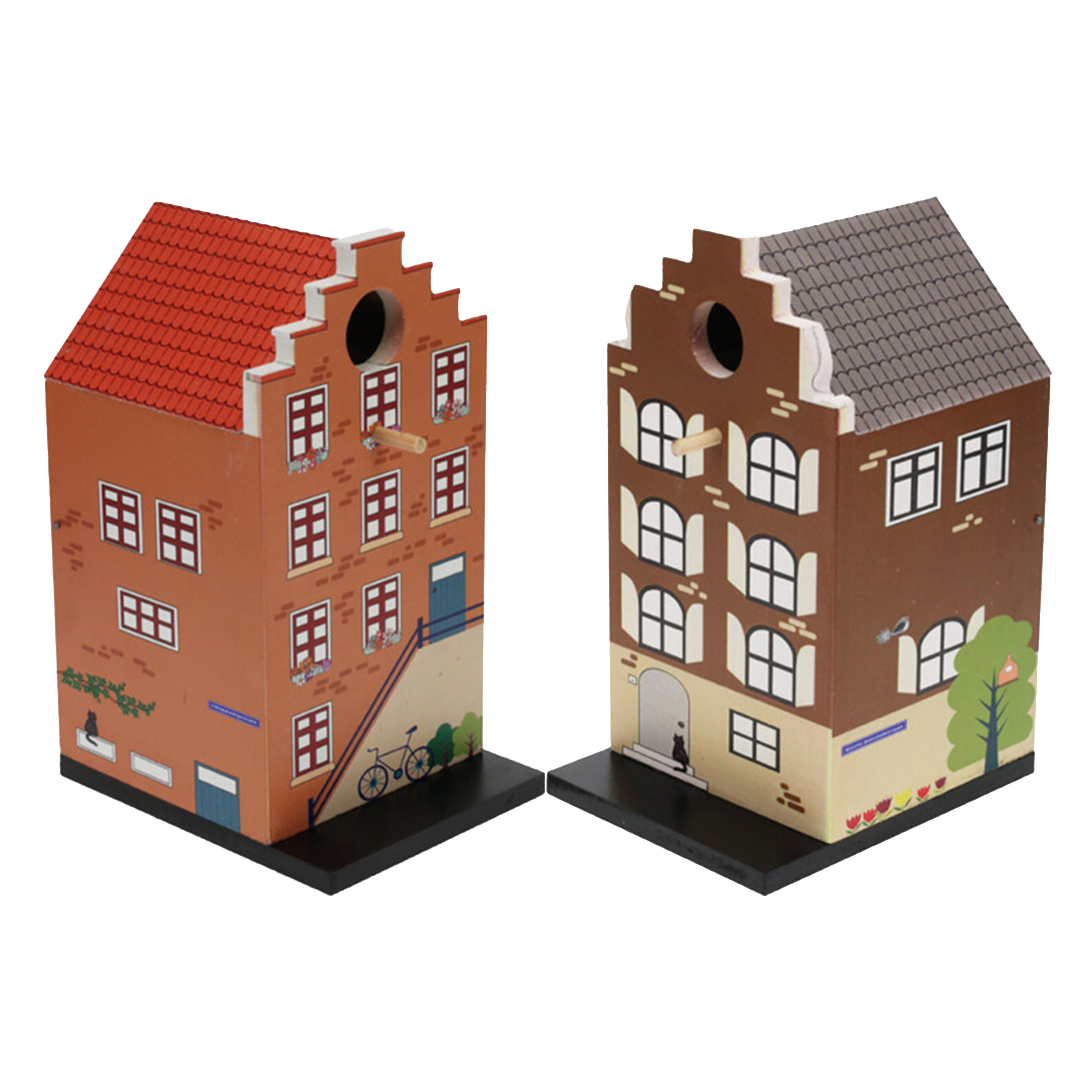Pro Garden Vogelhuisjes - set 2x - grachtenpand design - hout - rood/bruin - 15 x 12 x 23 cm- nestkastje -