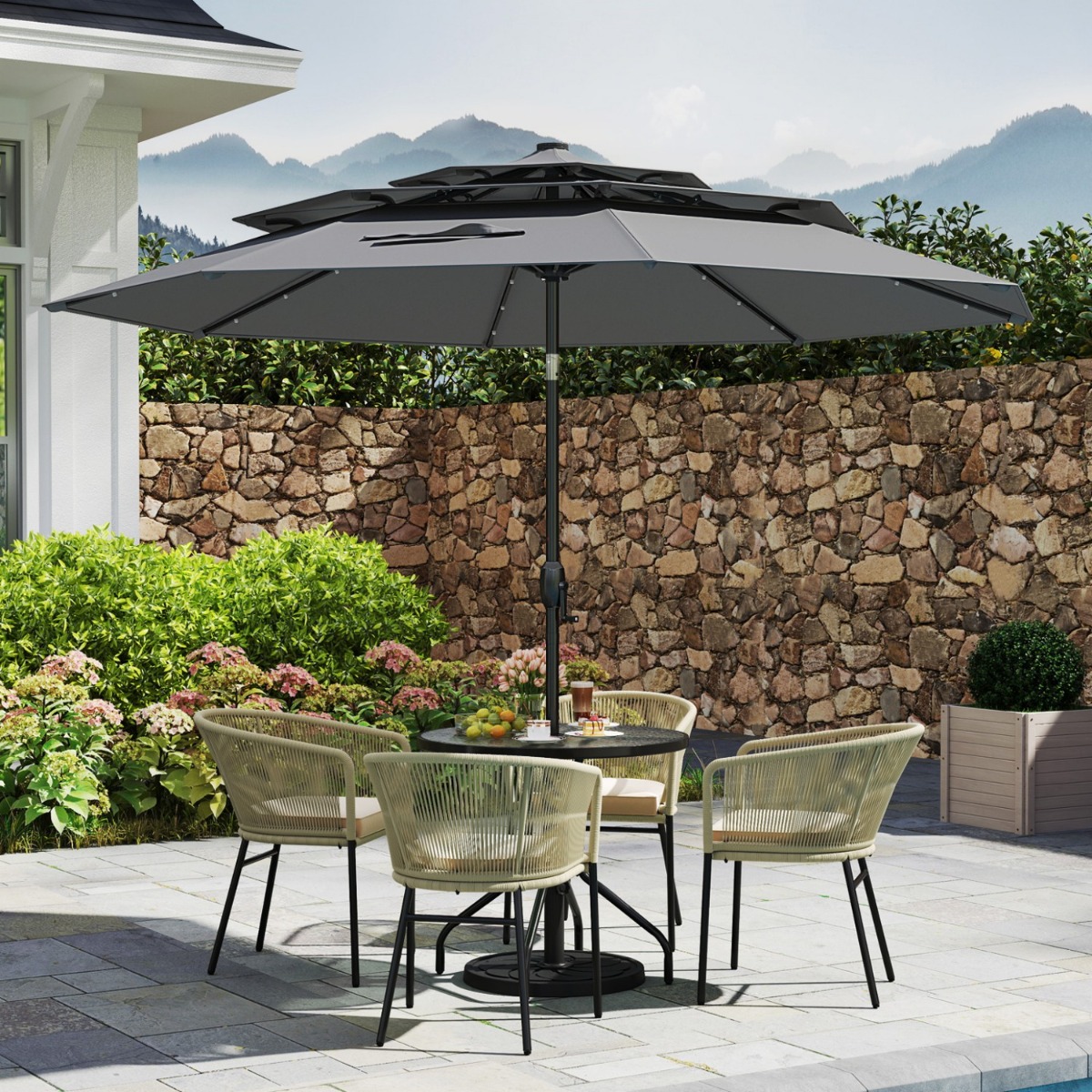 Costway 3-Laags Parasol met Slinger Aan Beide Zijden 30° Kantelbare Tuinscherm Terrasparasol Grijs
