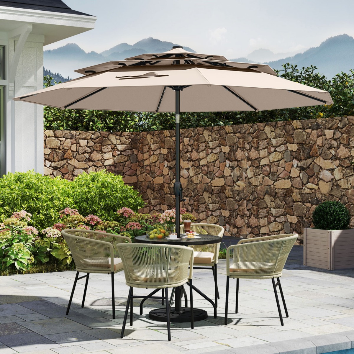 Costway 3-Laags Parasol met Slinger Aan Beide Zijden 30° Kantelbare Tuinscherm Terrasparasol Beige