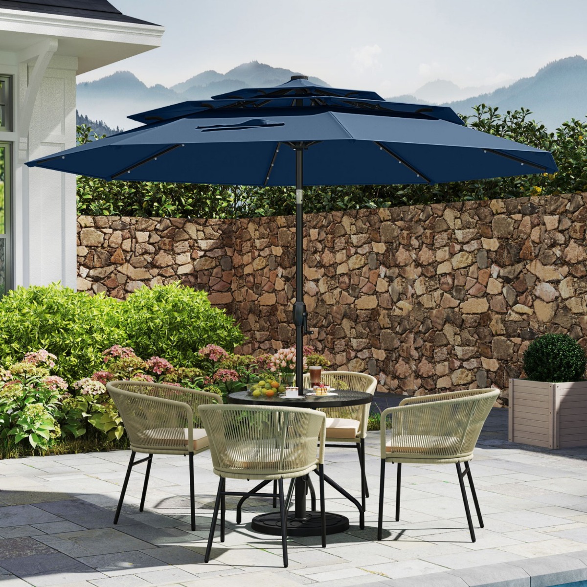 Costway 3-Laags Parasol met Slinger Aan Beide Zijden 30° Kantelbare Tuinscherm Terrasparasol Donkerblauw