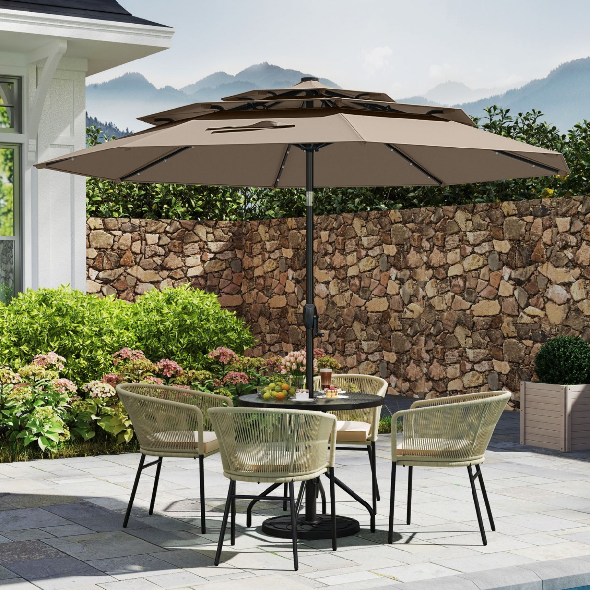 Costway 3-Laags Parasol met Slinger Aan Beide Zijden 30° Kantelbare Tuinscherm Terrasparasol Bruin