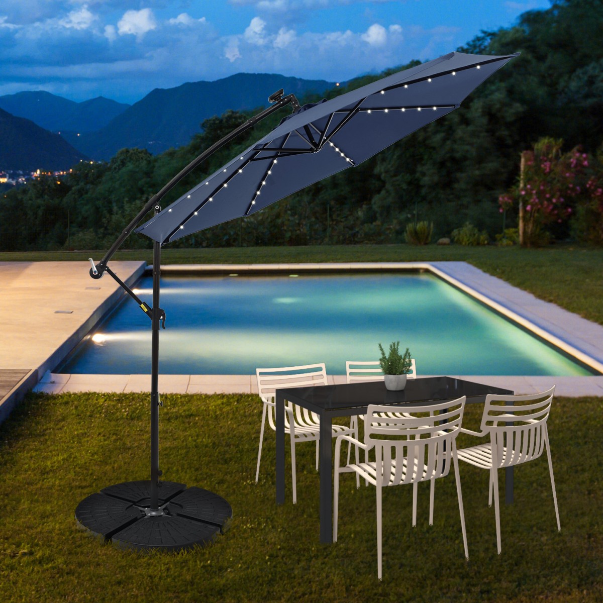 Costway 300 cm Grote Verplaatsbare Parasol met 40 Lampen & Zonnepanelen Marktparasol Verlichte Vrijstaande Parasol voor Tuin Grijs/Donkerblauw