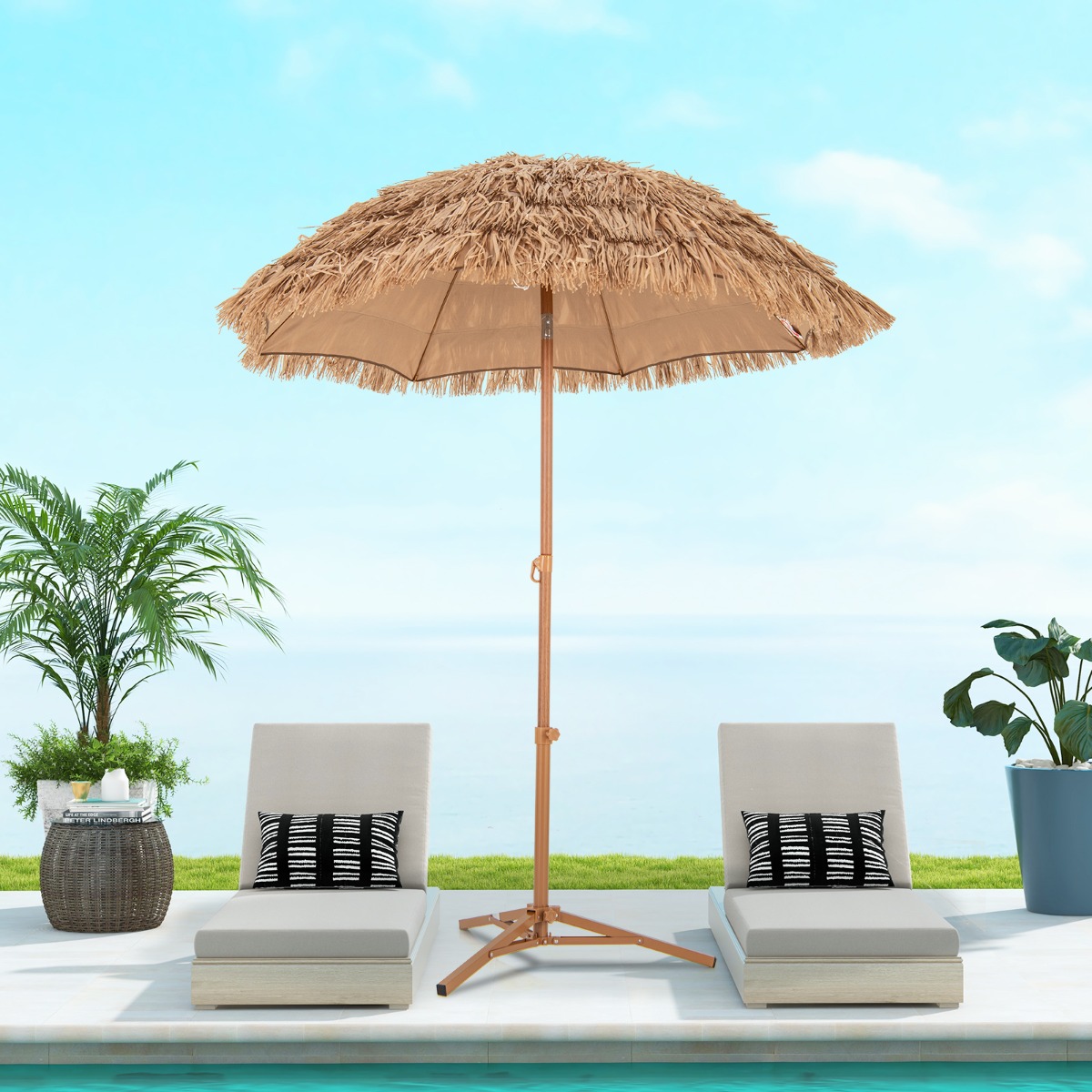 Costway Parasol 200 cm met Opvouwbare Standaard Hawaiiaanse Strandparasol met Kantelknop Draagtas Draagbare Parasol voor Tuin Zwembad
