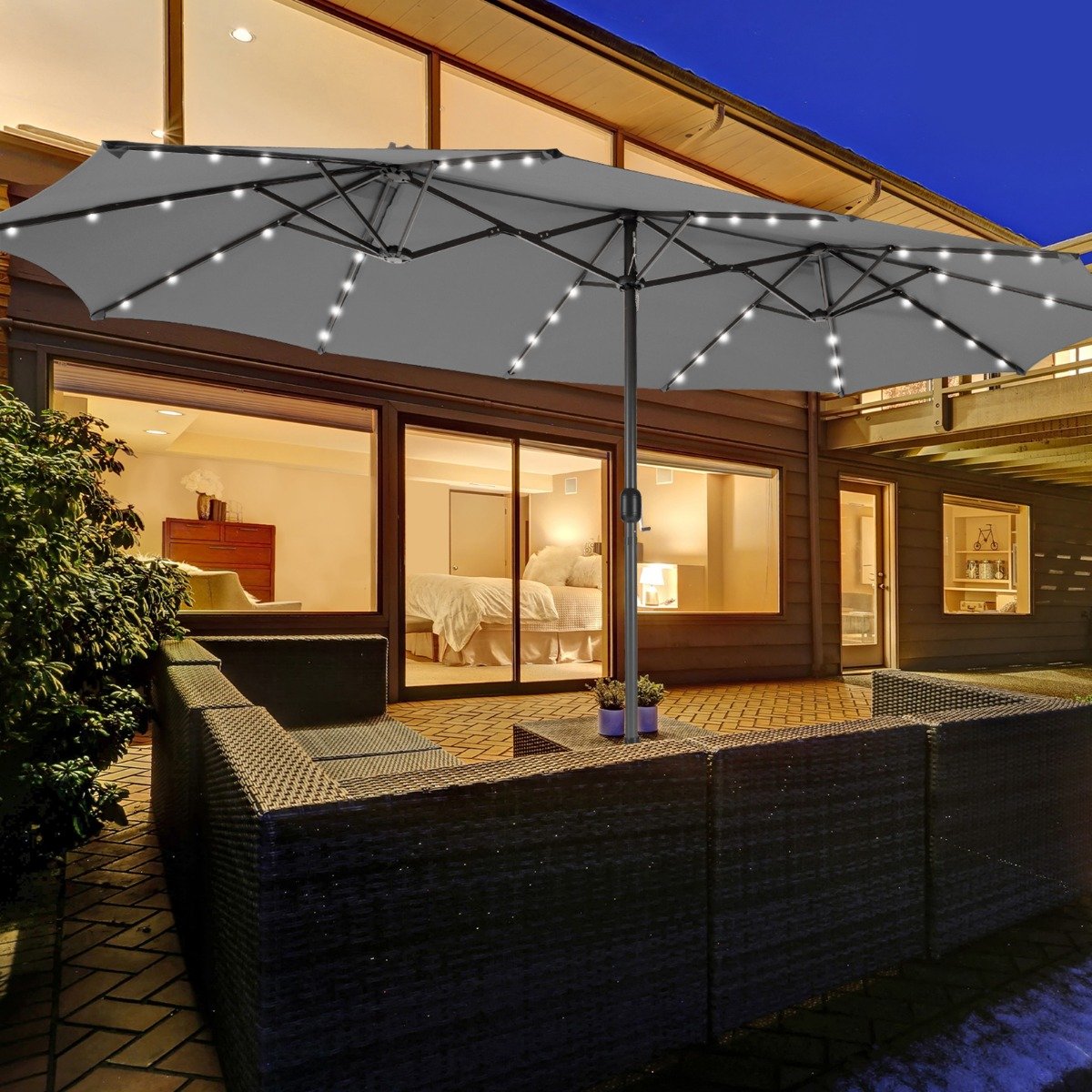 Costway 470 cm Grote Dubbele Terrasparasol met 48 Solar-LED-lampen & Kurbel Buitenparasol Grijs