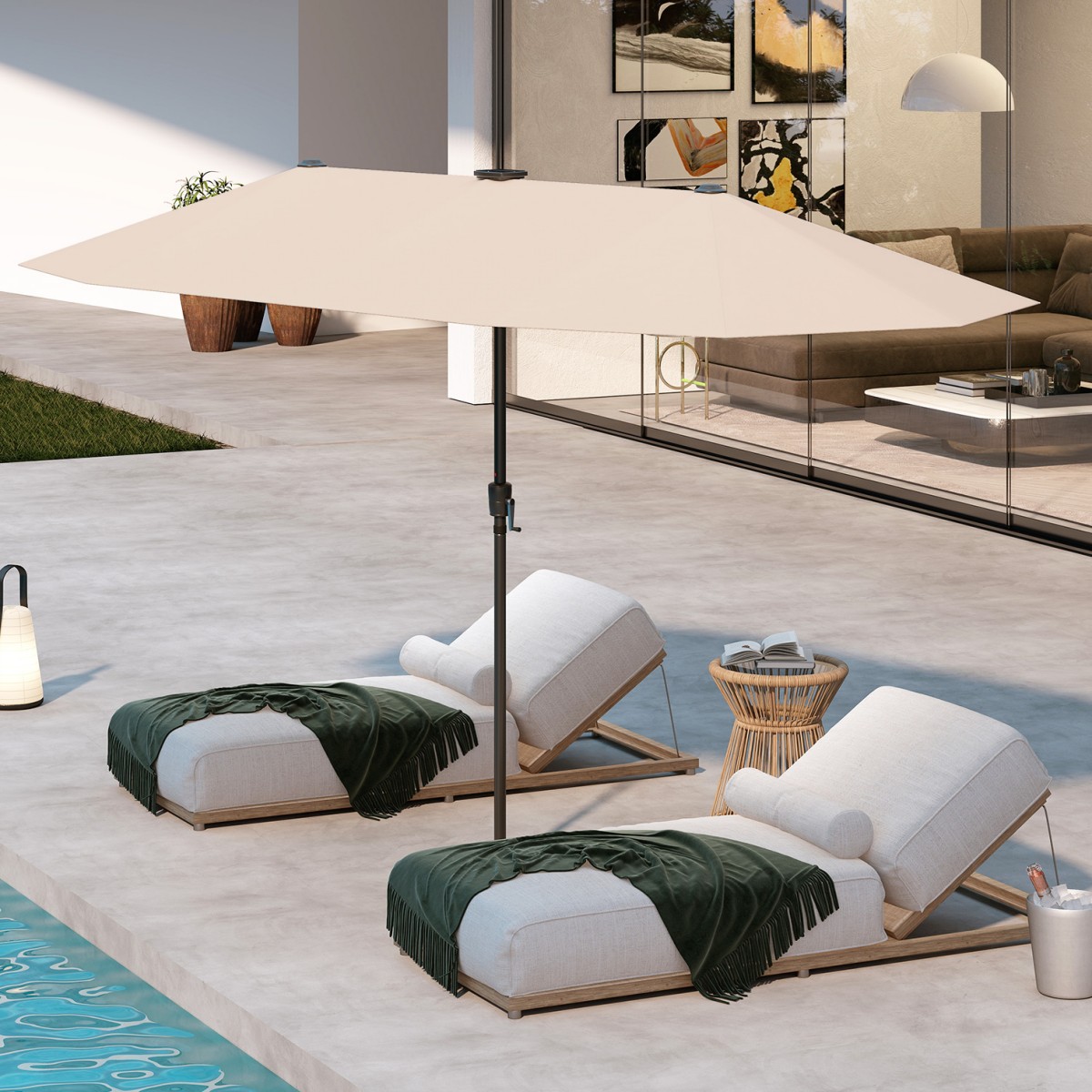 Costway 392 cm Grote Parasol met LED-Zonnelampen Zwengel 12 Stevige Baleinen Rechthoekige Dubbele Parasol voor Tuin Terras Restaurant