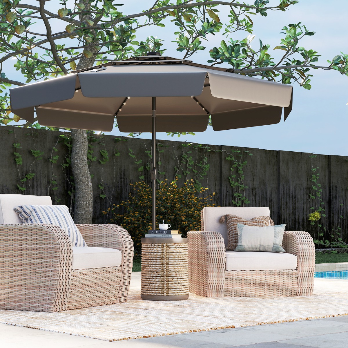 Costway 300 cm Solar Patio Parasol met 32 LED's 3-Laags Geventileerd Dak Kantelverstelling Zwengel 8 Baleinen Tafelparasol voor Tuin Strand
