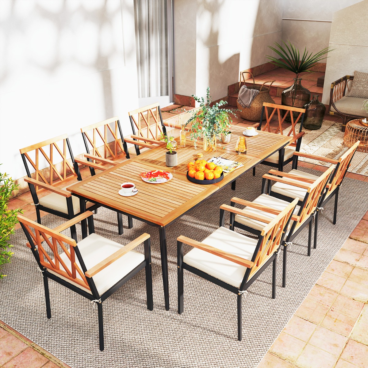 Costway Tuintafel 200 CM voor 8 Personen Buitentafel van Acaciahout met Parasolgat Ø 5 CM Lamellenblad Metalen Poten Tuin- en Terrasmeubelen