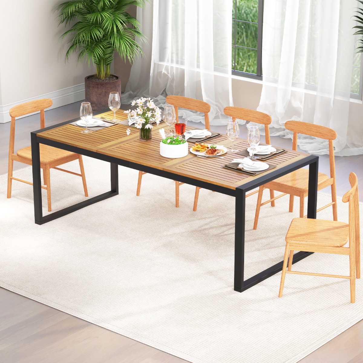 Costway 200 x 90 cm Tuintafel met Parasolgat Rechthoekige Terrastafel voor 8 Personen Grote Balkontafel van Acaciahout Outdoor-Eettafel