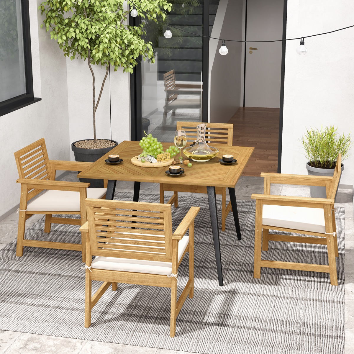 Costway Acaciahouten Tuintafel voor 4 Personen 107 x 107 cm Vierkante Eettafel voor Buiten met 5 cm Parasolgat voor Terras