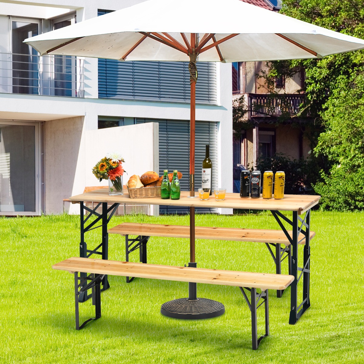 Costway Biertafel in Hoogte Verstelbaar Inklapbare Biertafel met Parasolgat 168,5 cm Lange Buffettafel Partytafel Klaptafel voor Tuin Feest Achtertuin
