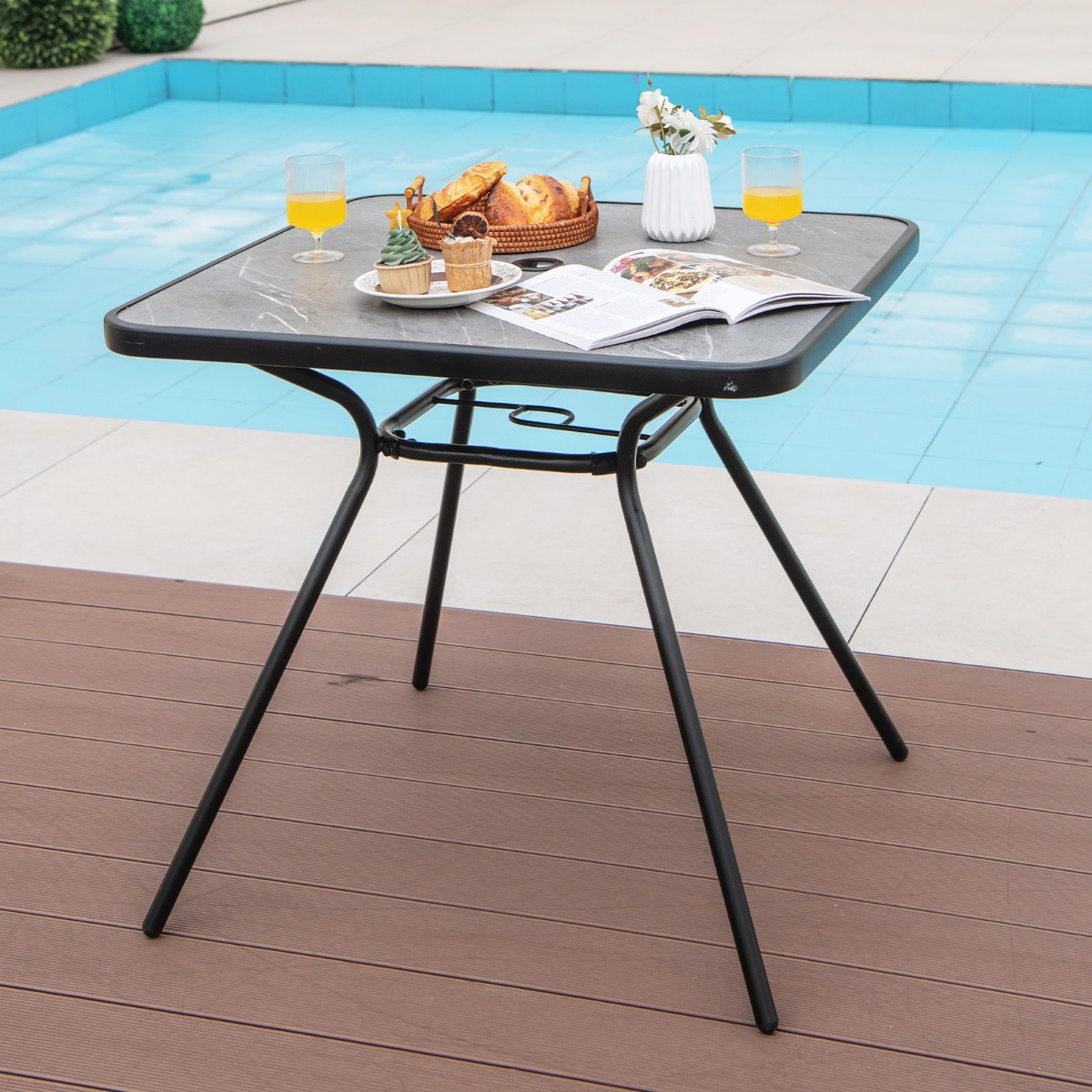 Costway Tuintafel met Tafelblad van Kunstmarmer Terrastafel met Parasolgat Balkontafel voor 4 Personen Outdoor-Eettafel 80 x 80 x 72,5 cm