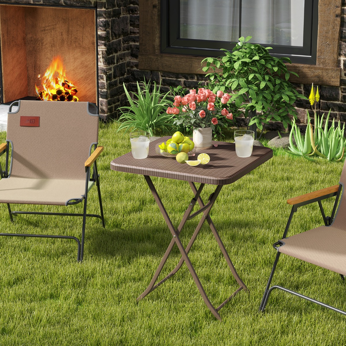 Costway Tuintafel in Rotan-Look Klaptafel Kleine Eettafel Inklapbare Balkontafel met HDPE-Tafelblad Vierkante Campingtafel 60 x 60 x 72 cm