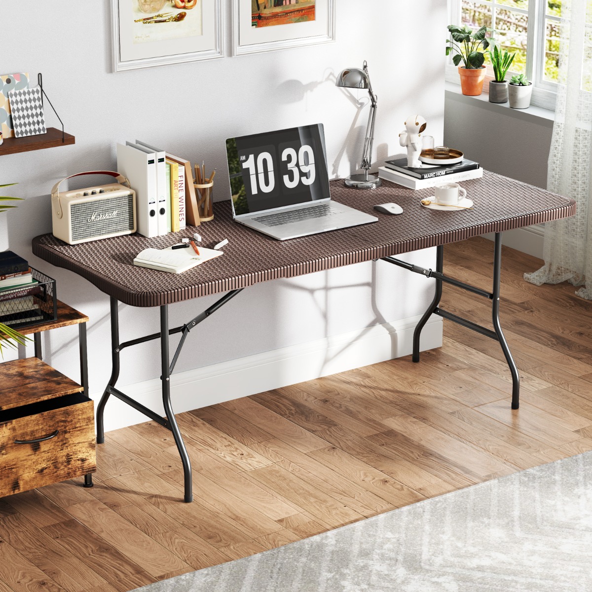 Costway 180x74cm Opklapbare Tafel HDPE-Blad Rotan-Effect Tuinstoel Eettafel met Vergrendelingsmechanisme Draagvermogen 160 kg