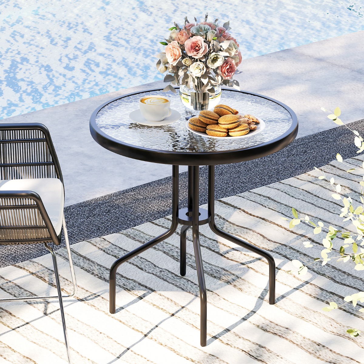 Costway Ronde Tuintafel 70 cm Terras Salontafel in Gehard Glas met Robuust Metalen Frame en Gat voor Parasol Exterieur Eettafel