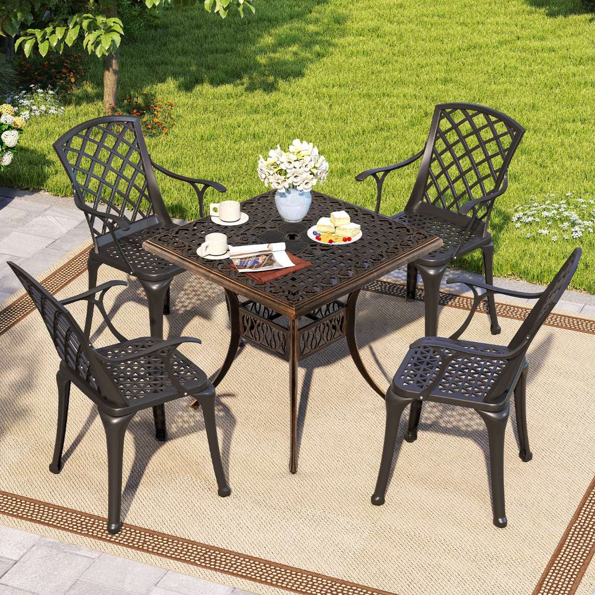 Costway Gegoten Aluminium Terrastafel Antieke Tuintafel Voor Vier Personen met Parasolgat Van 4,8 cm 80 × 80 × 75 cm