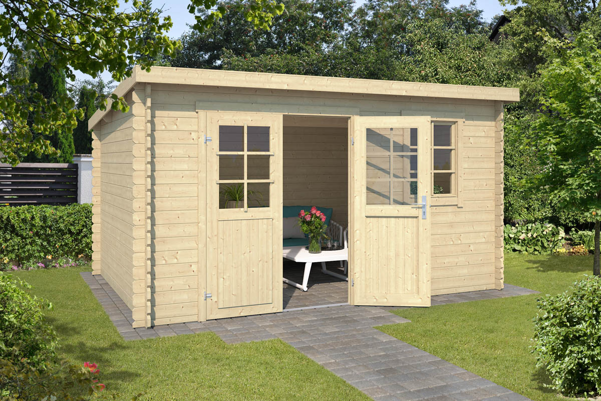 Van Kooten Tuin en Buitenleven Outdoor Life Amira Blokhut 400x250 cm 28 mm vuren blank- Lessenaarsdak- Hout- Outdoor Life