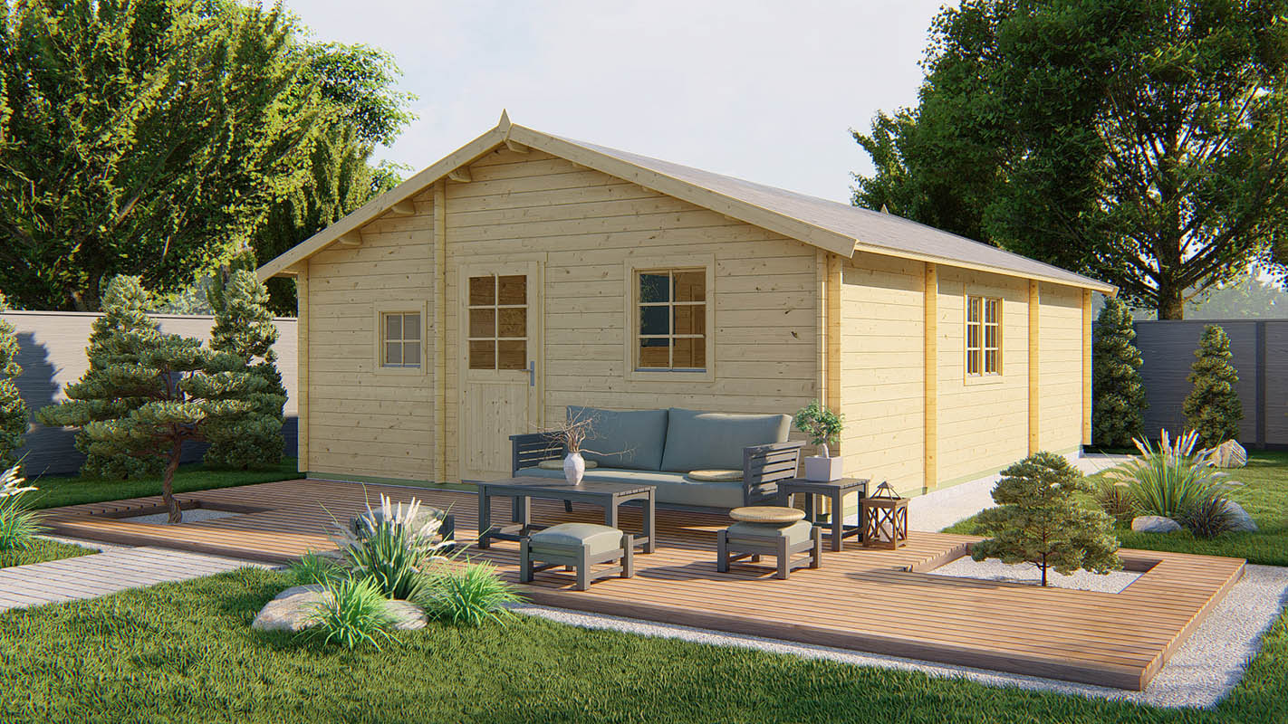 Van Kooten Tuin en Buitenleven Tuindeco Malaga Blokhut 595x808 cm 44 mm vuren blank- Zadeldak- Onbehandeld vurenhout- Tuindeco