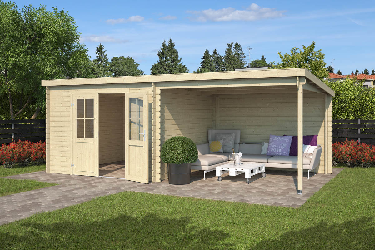 Van Kooten Tuin en Buitenleven Outdoor Life Orlando Blokhut 581x292 cm 28 mm vuren blank- Lessenaarsdak- Onbehandeld vurenhout- Outdoor Life