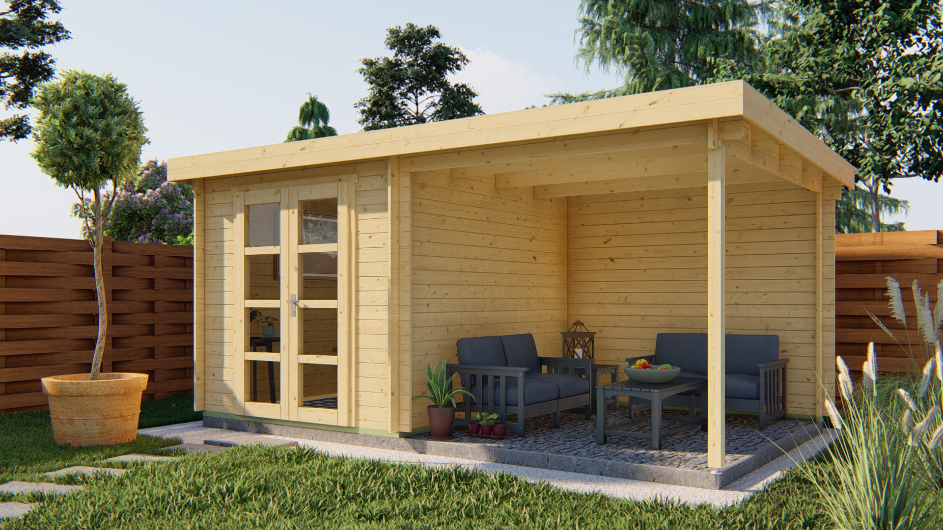 Van Kooten Tuin en Buitenleven Tuindeco Elburg Blokhut 250x250 cm + luifel 250 cm 28 mm vuren blank- Lessenaarsdak- Onbehandeld vurenhout- Tuindeco