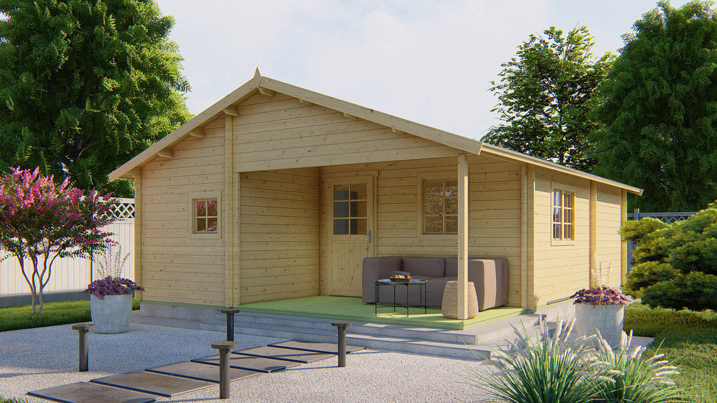 Van Kooten Tuin en Buitenleven Tuindeco Javea Blokhut 595x808 cm 44 mm vuren blank- Zadeldak- Onbehandeld vurenhout- Tuindeco