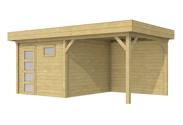 Van Kooten Tuin en Buitenleven Blokhut Tapuit 300x300 cm + luifel 300 cm - GeÃ¯mpregneerd- Plat dak- GeÃ¯mpregneerd vurenhout- Woodvision