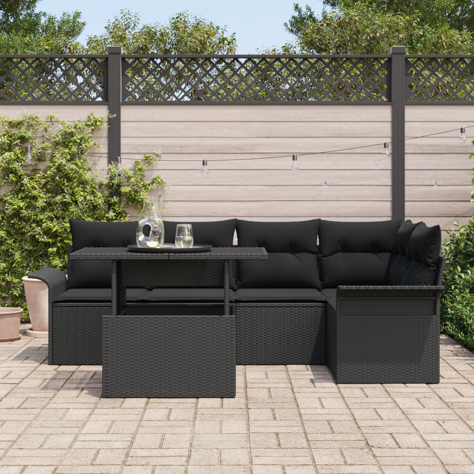 vidaXL 6-delige Tuinbankenset met kussens poly rattan zwart