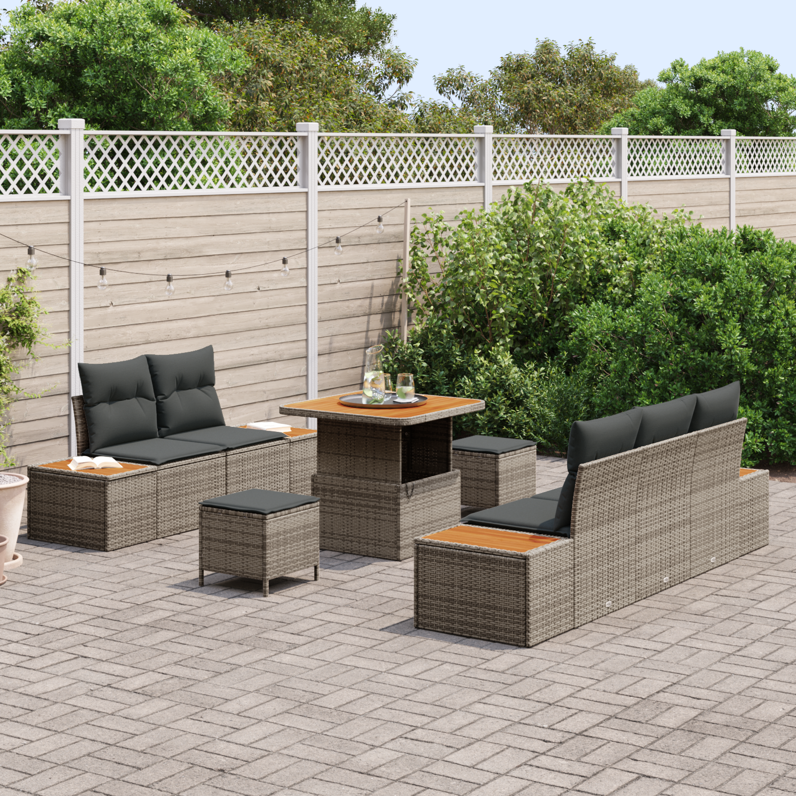 vidaXL 8-delige Tuinbankenset met kussens poly rattan acacia grijs